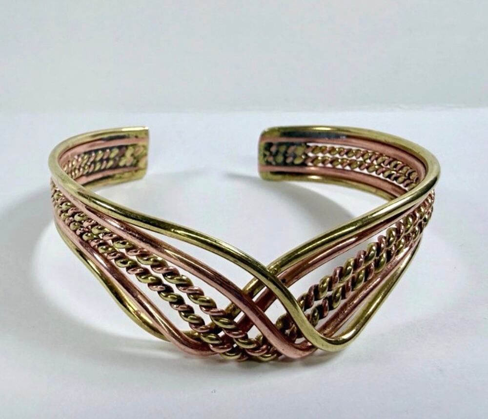 Handcrafted Mixed Metal Brass & Copper Wave Cuff Bracelet - Woven Infinity Bangl